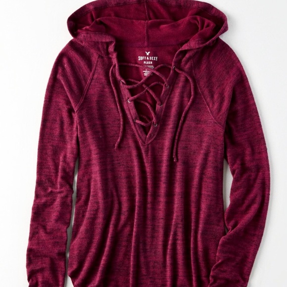American Eagle Outfitters Tops - American Eagle Soft&Sexy Burgundy lace up hoodie